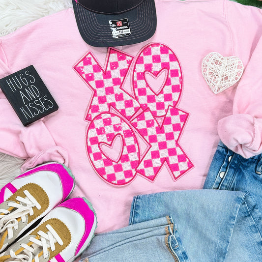 XOXO Pink Checkered Sequin Patch Sweatshirt