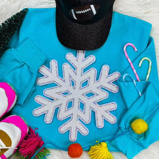 Snowflake Sequin Patch Scuba Blue Crewneck Sweatshirt