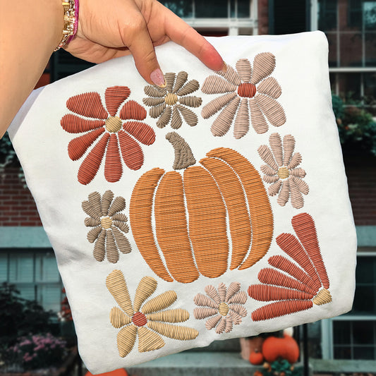 Faux Embroidered Pumpkin & Flowers Tee