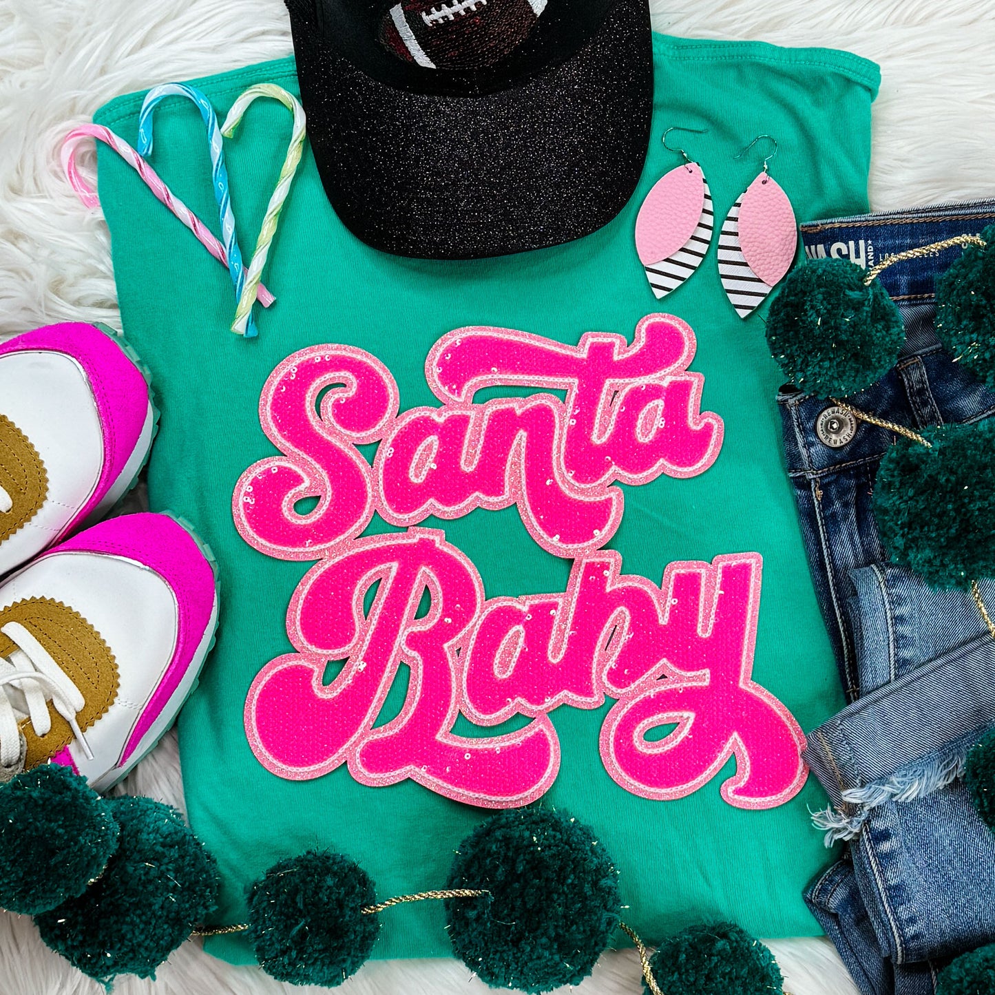 Santa Baby Sequin Patch Island Green  Tee