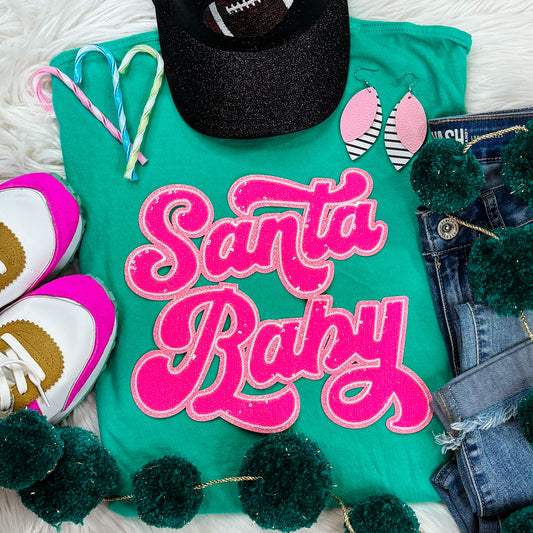 Santa Baby Sequin Patch Island Green  Tee