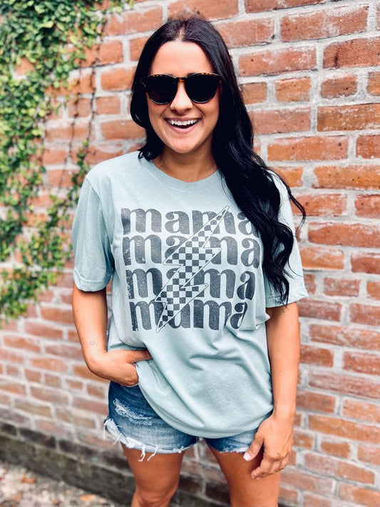 Mama Checkered Lightning Stacked Distressed Tee