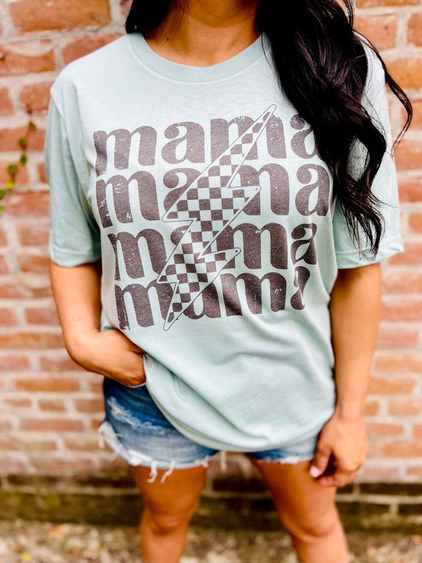 Mama Checkered Lightning Stacked Distressed Tee