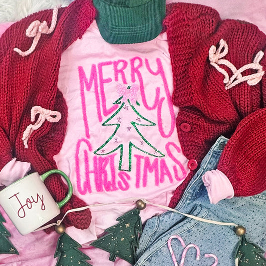 Merry Christmas Pink Fluffy with Rhinestones Tee