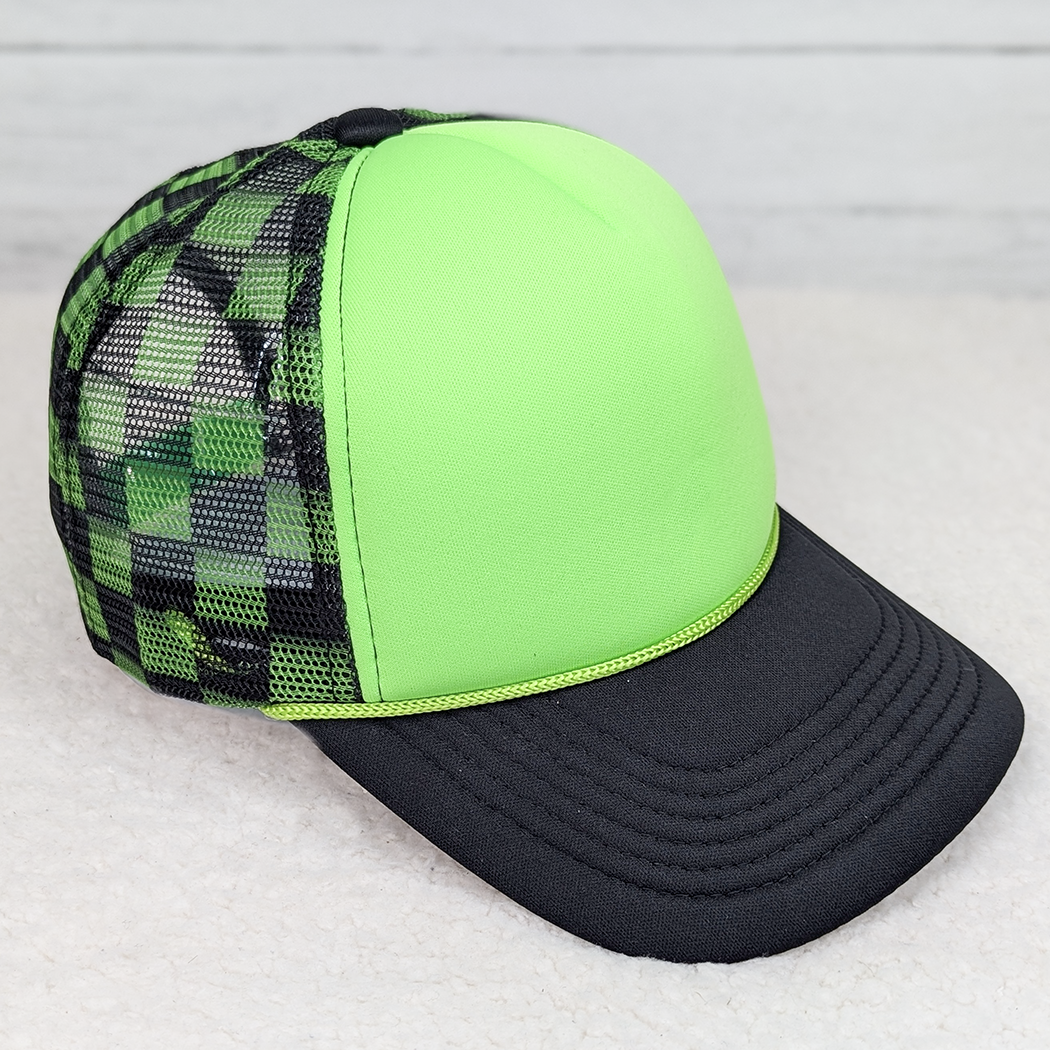 Neon Green & Black Checkered Foam Trucker Hat