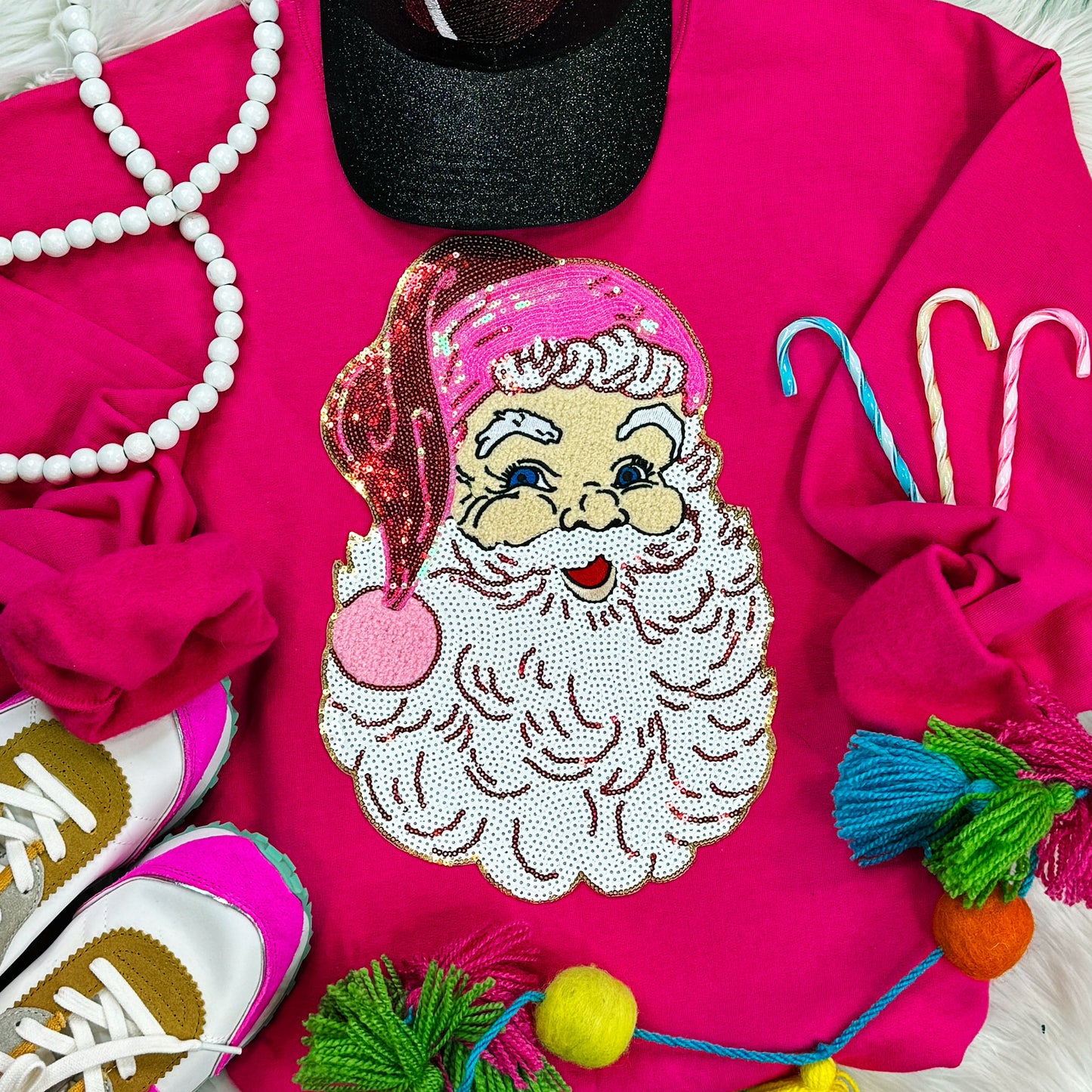 Sequins NEON Pink Santa Patch Heliconia Crewneck Sweatshirt