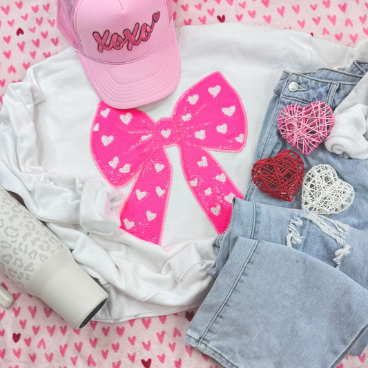 Pink Heart Bow Sequin Patch Sweatshirt