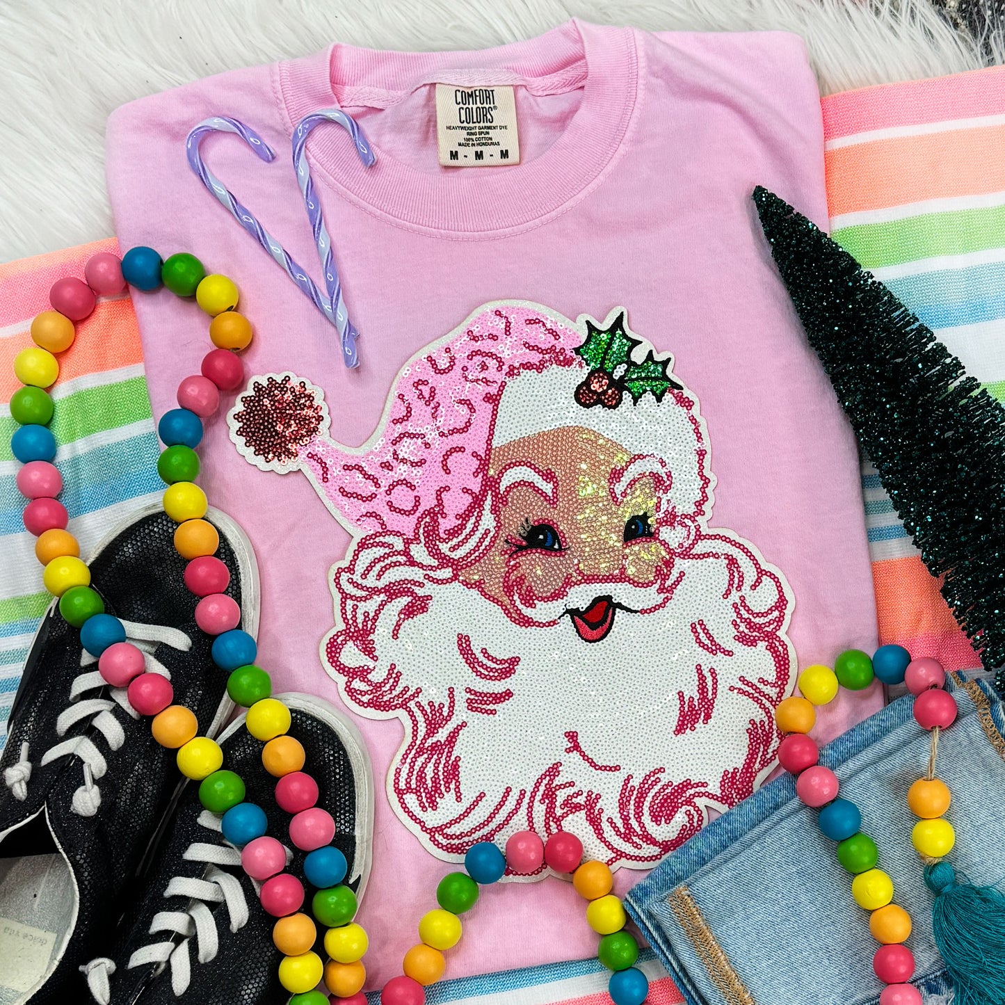 Sequins Pink Santa Patch Blossom Pigment Dyed Tee