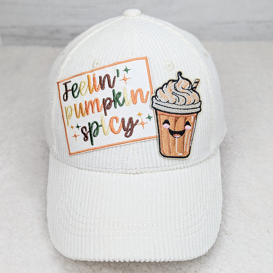 Cream Corduroy Hat With Pumpkin Spice Embroidered Glitter Patches