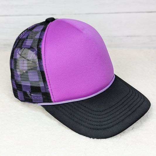 Neon Purple & Black Checkered Foam Trucker Hat