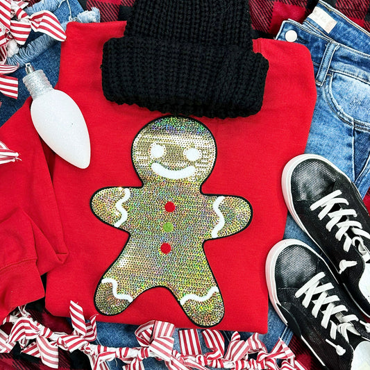 Sequin Gingerbread Man Red Crewneck Sweatshirt