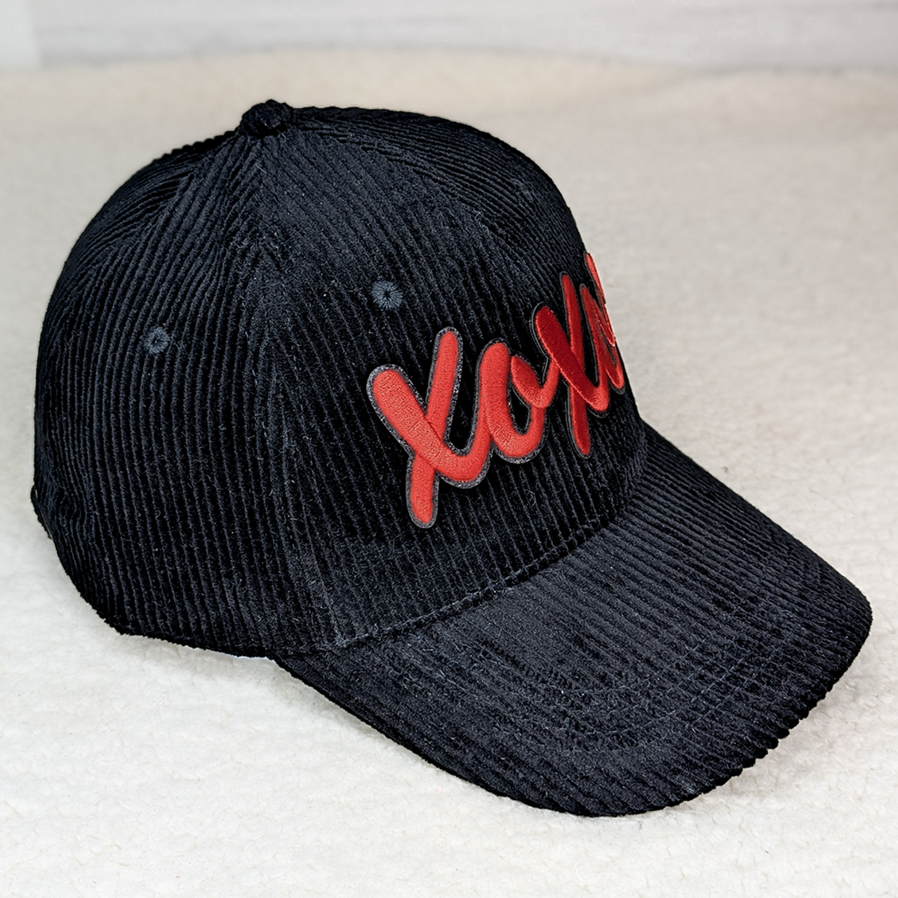 Black Corduroy Hat With Red XOXO Embroidered Patch