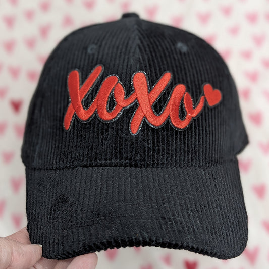 Black Corduroy Hat With Red XOXO Embroidered Patch