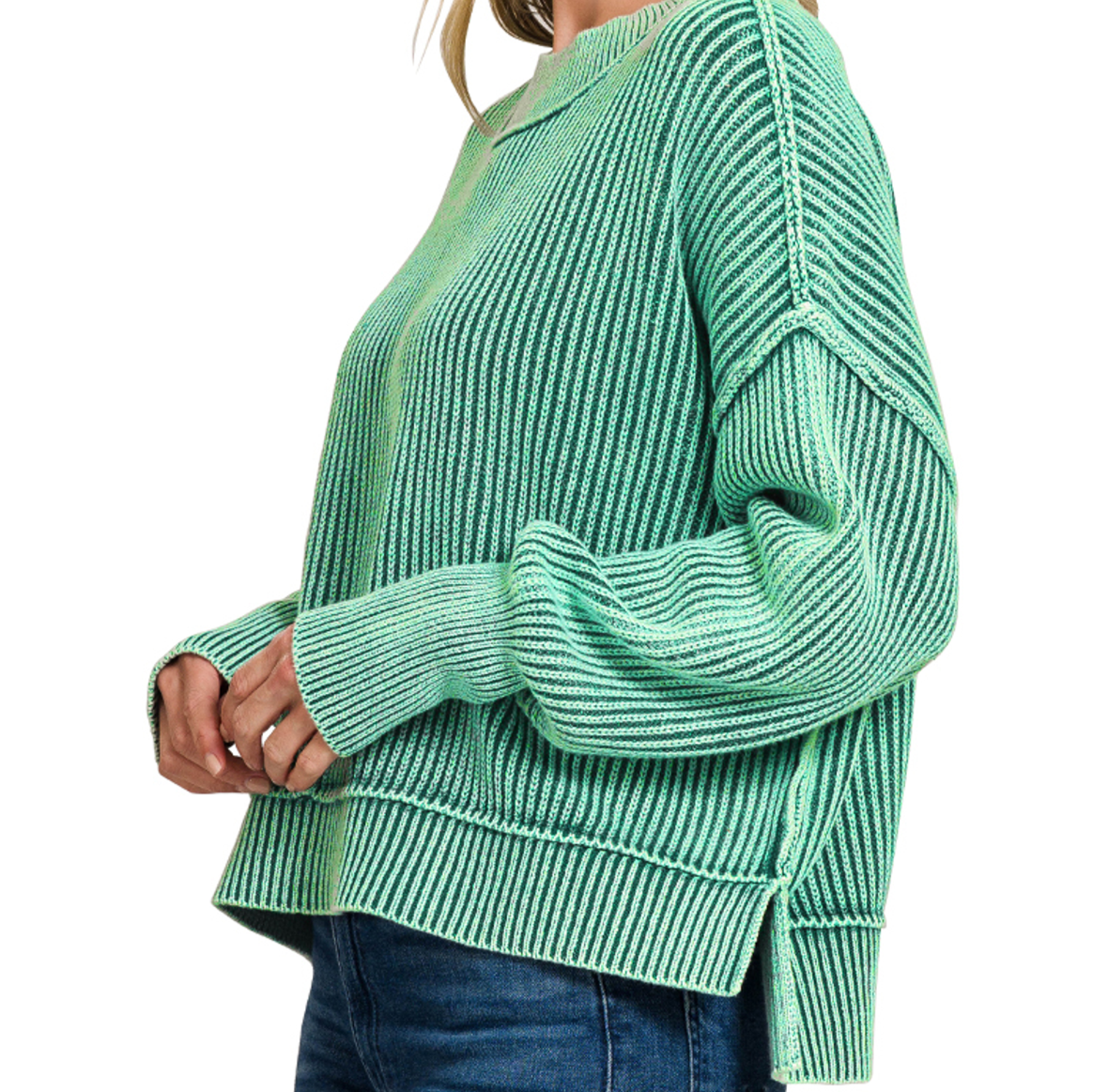 Checkered Shamrock Sequin Patch Ribbed Green Oversized Crop Sweater