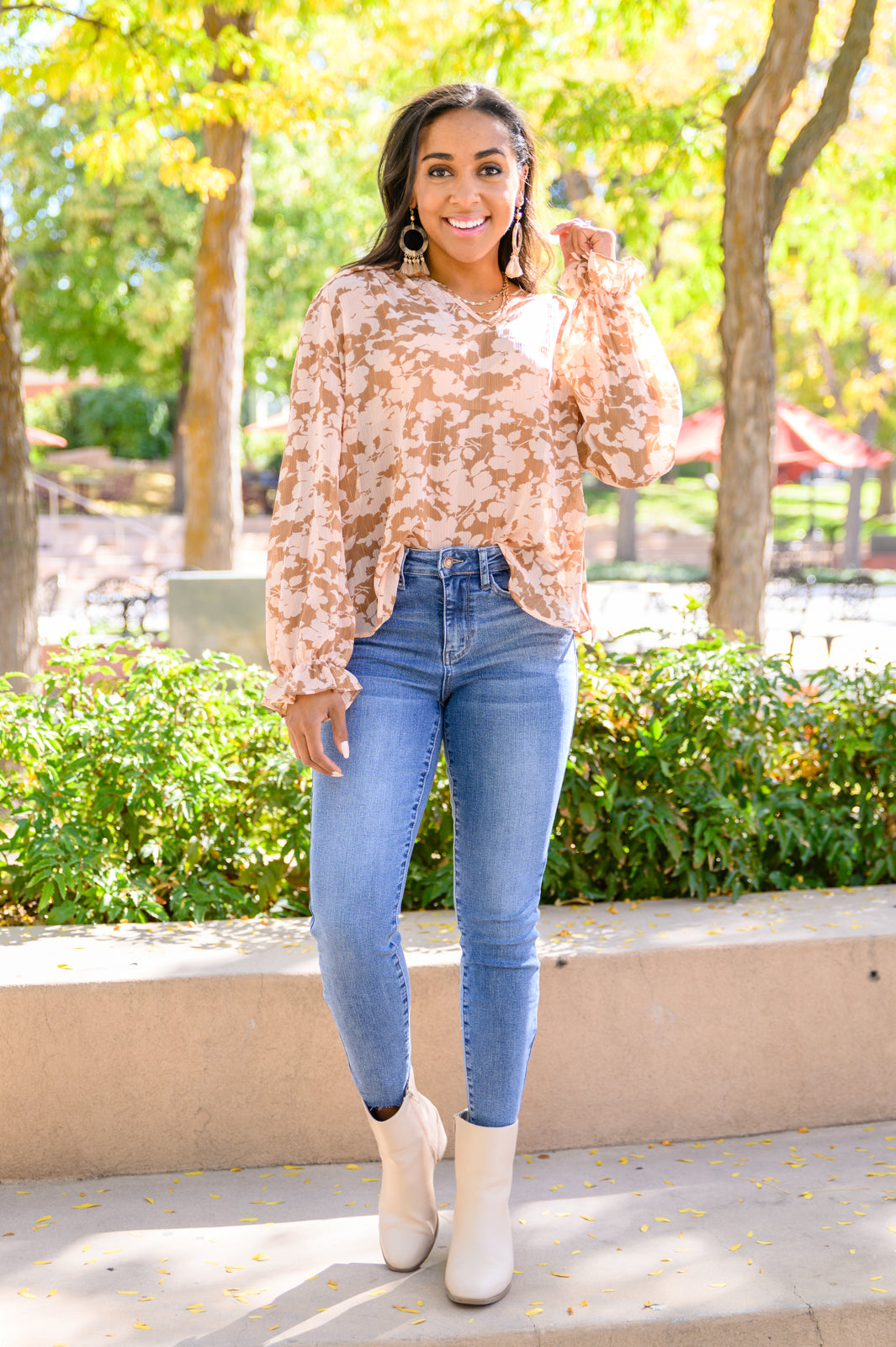 334 Boutique Floral Ties Top in Taupe